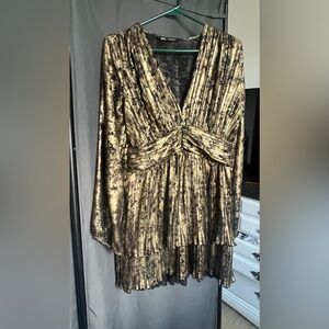 Zara Metallic Gold Pleated Blouse